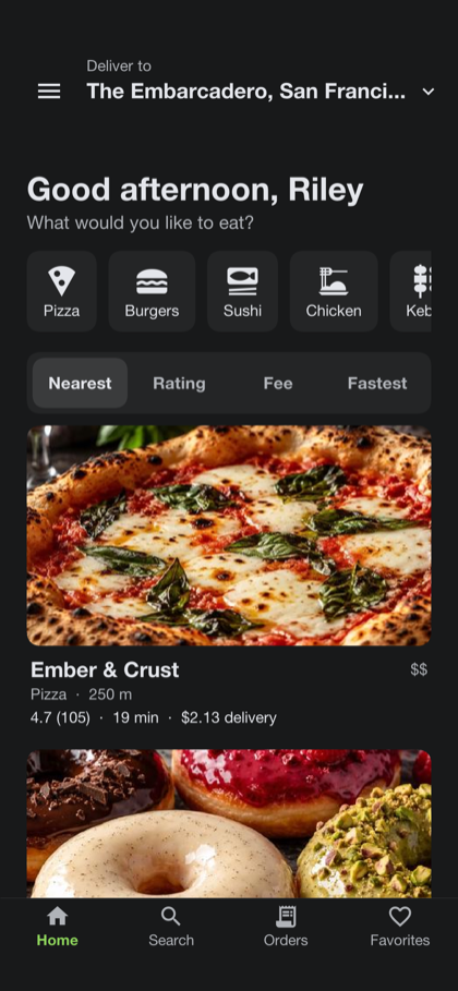 The customer home screen in the dark theme