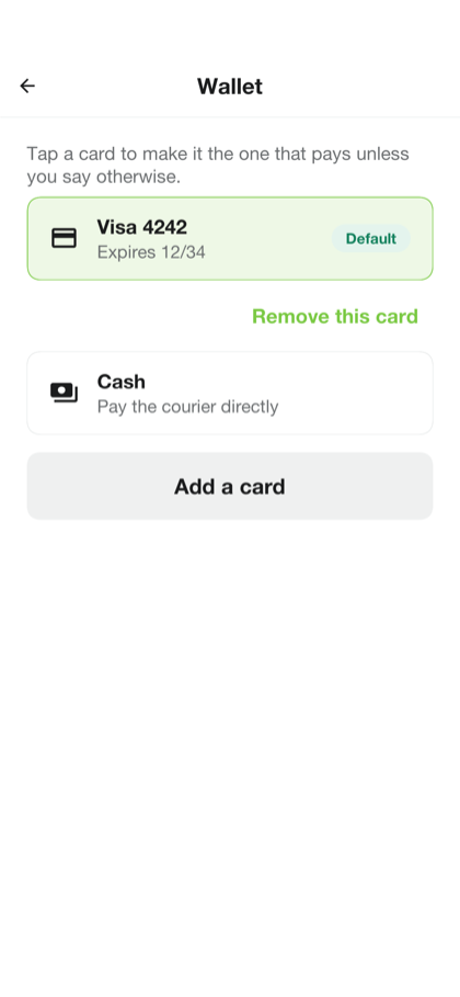 The wallet with one saved card marked as the default, cash, and a button to add a card